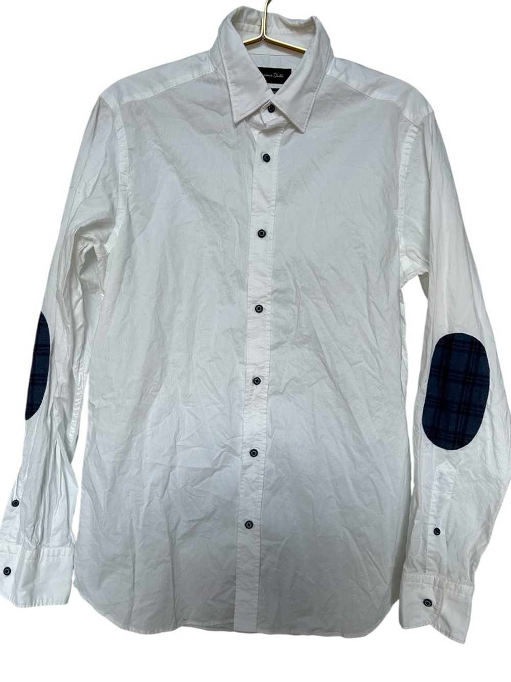 Massimo Dutti White Button-Down Shirt with Navy Plaid Elbow Patches